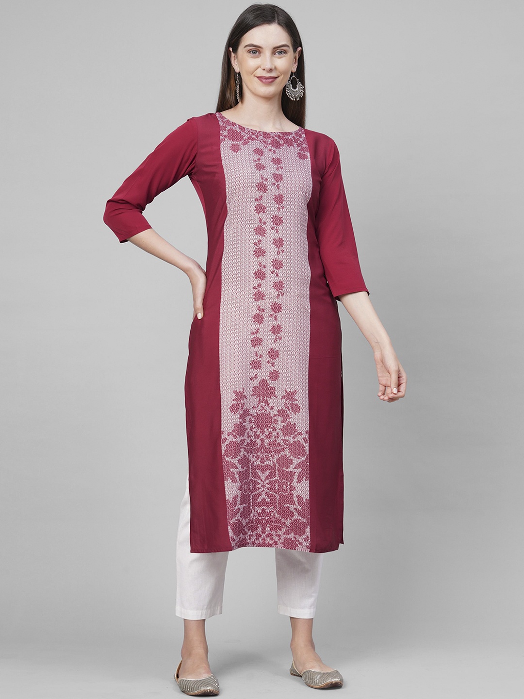 

KALINI Women Red & White Printed Straight Panelled Kurta