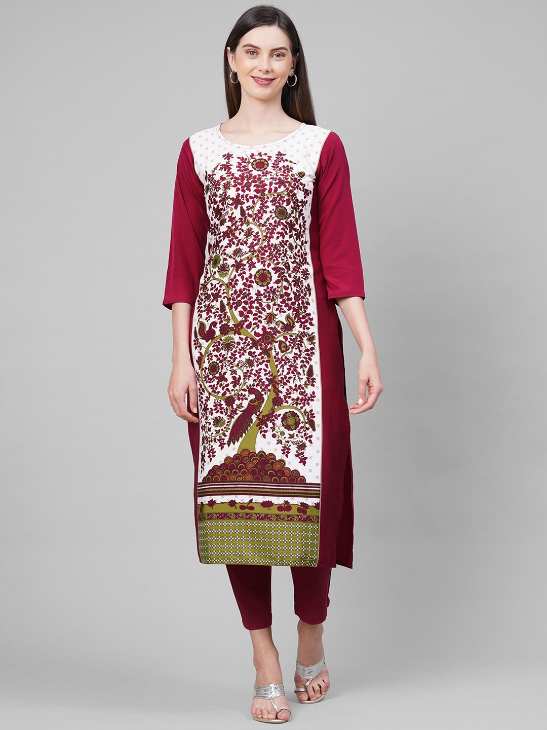 

KALINI Women Red & White Floral Printed Crepe Straight Kurta