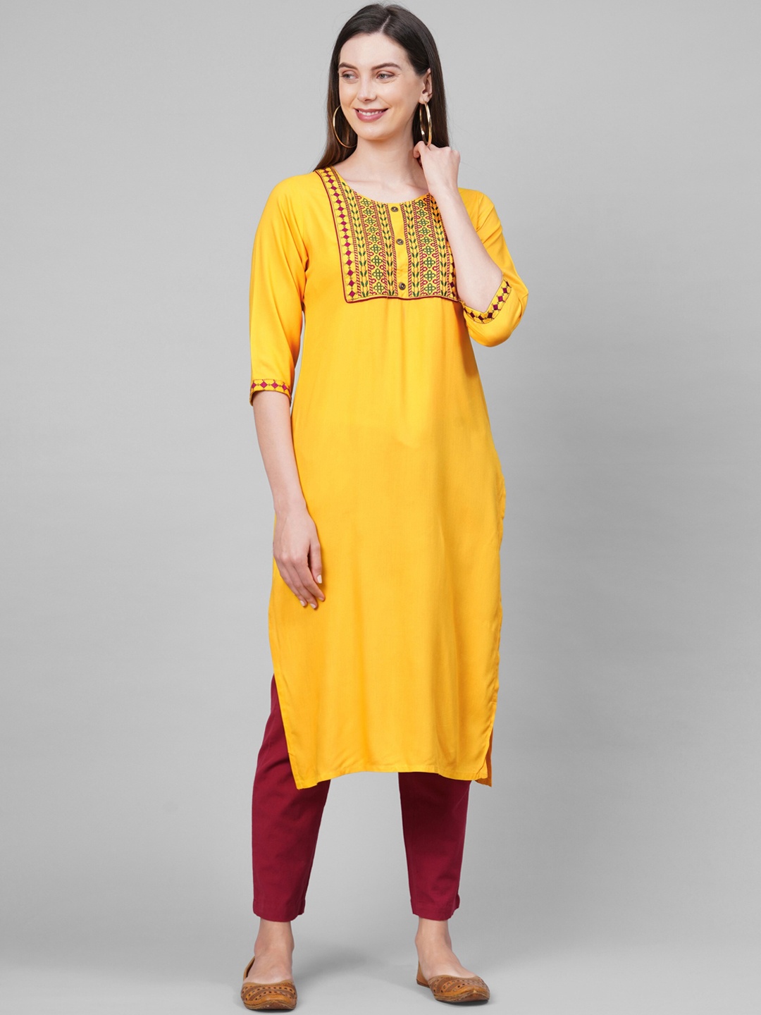 

KALINI Women Yellow Ethnic Motifs Embroidered Kurta