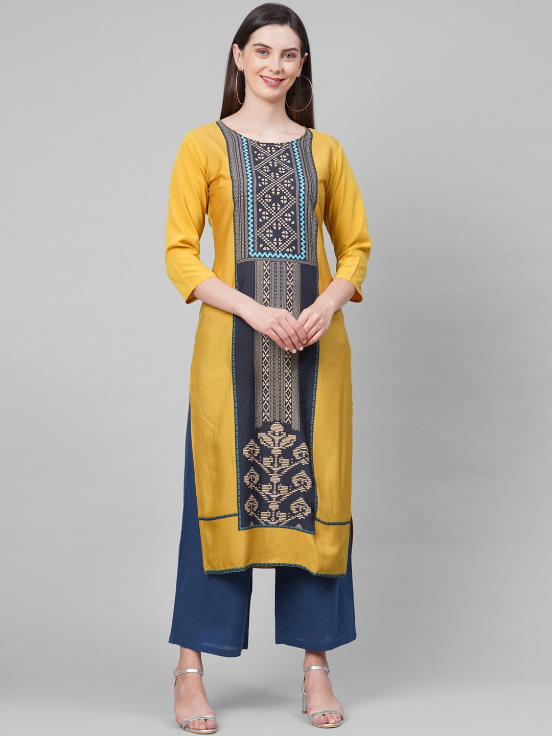 

KALINI Women Yellow & Blue Ethnic Motifs Printed Staright Kurta