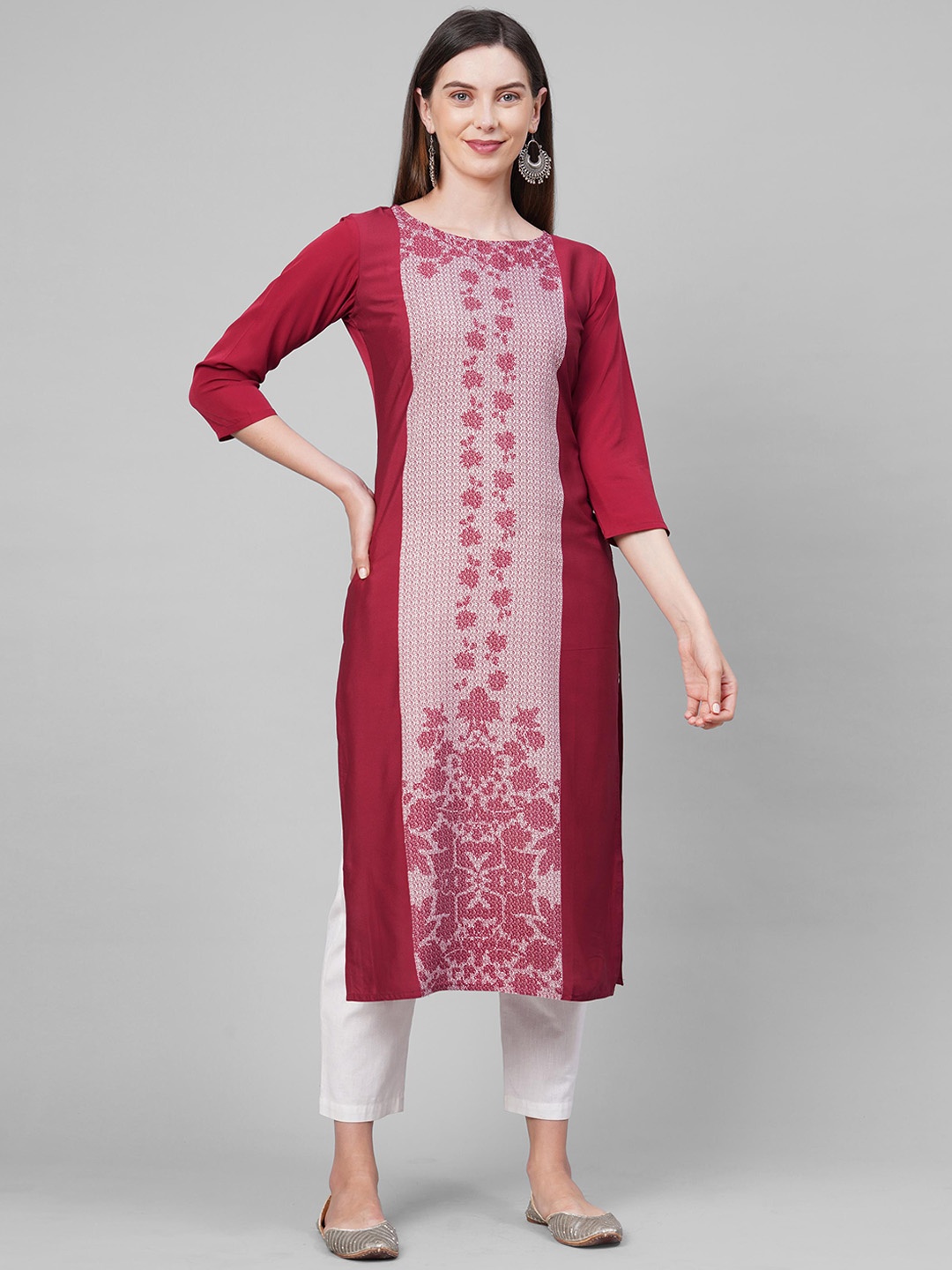 

KALINI Women Maroon & White Printed Straight Panelled Kurta