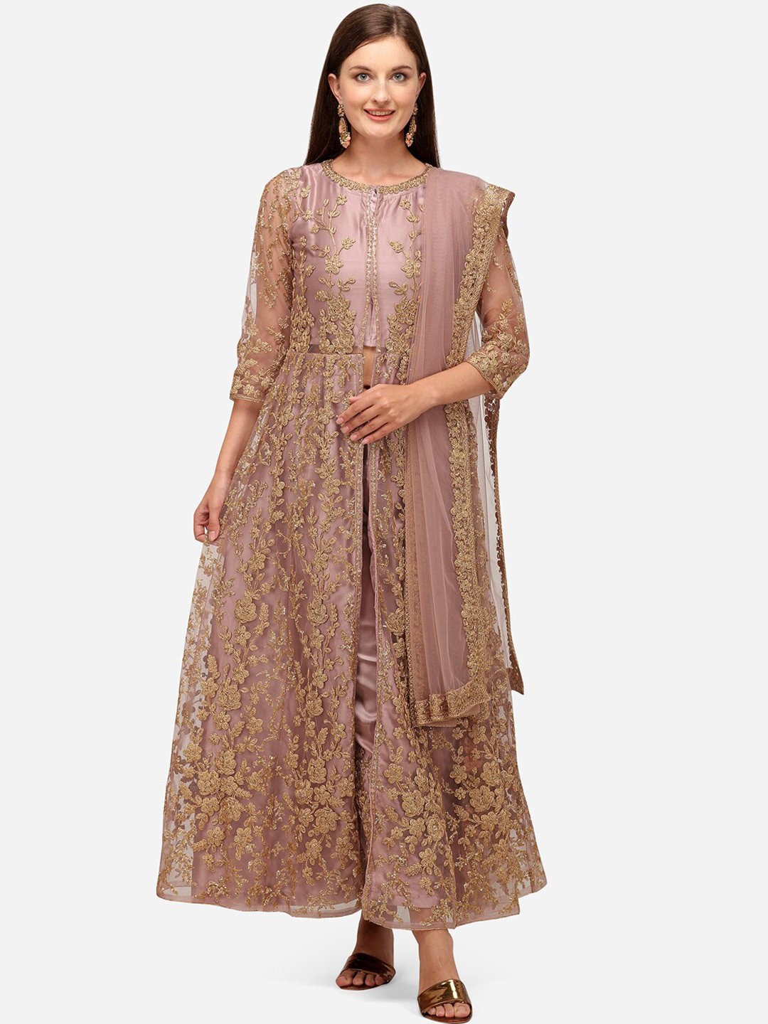

JATRIQQ Nude-Coloured & Gold-Toned Embroidered Semi-Stitched Dress Material