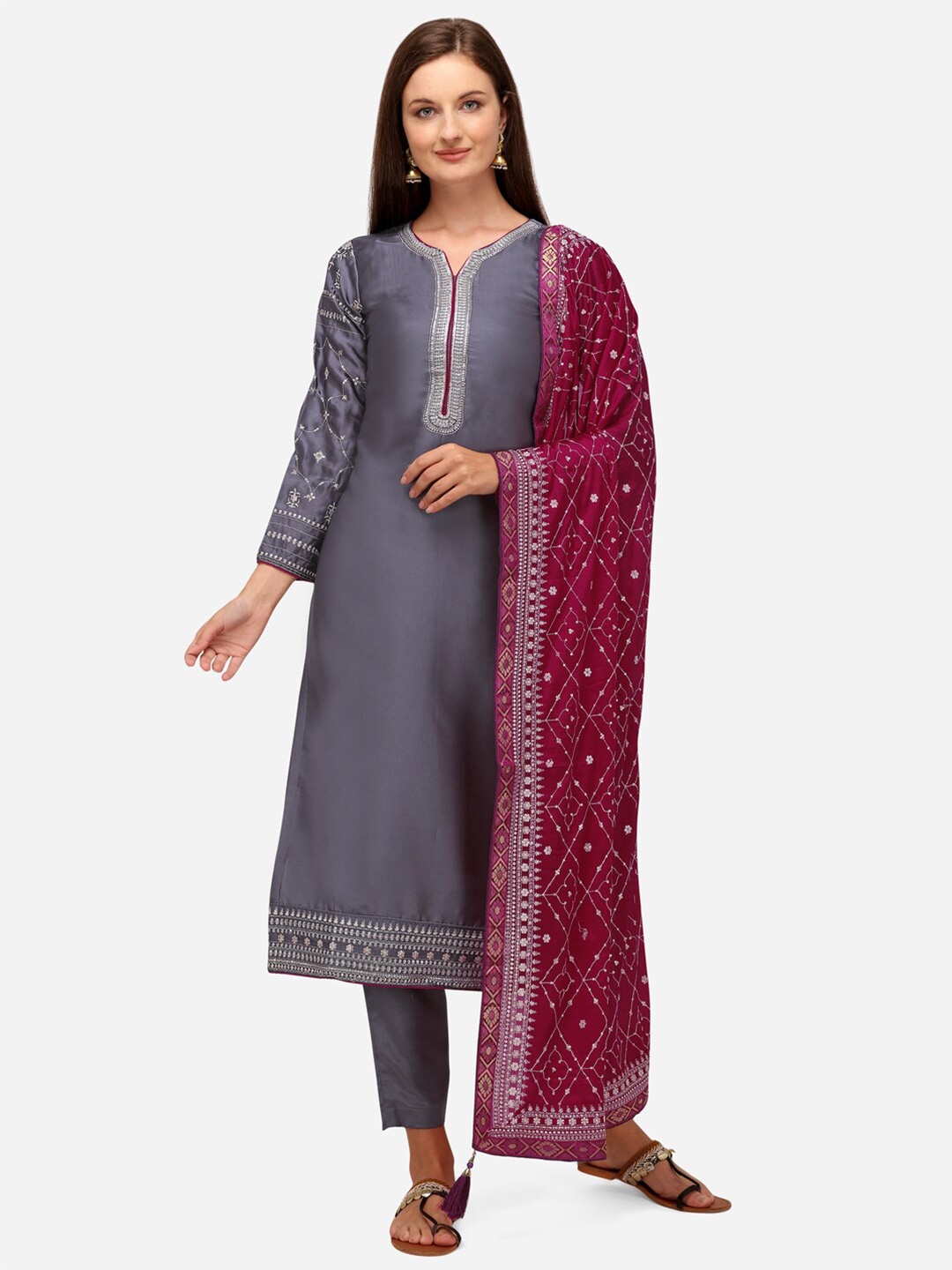 

JATRIQQ Grey & Burgundy Embroidered Silk Georgette Unstitched Dress Material
