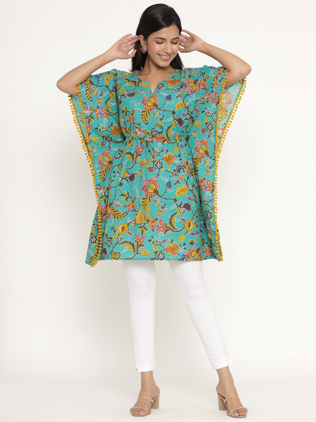 

Aprique FAB Green & Mustard Yellow Floral Printed Pure Cotton Kaftan Kurti
