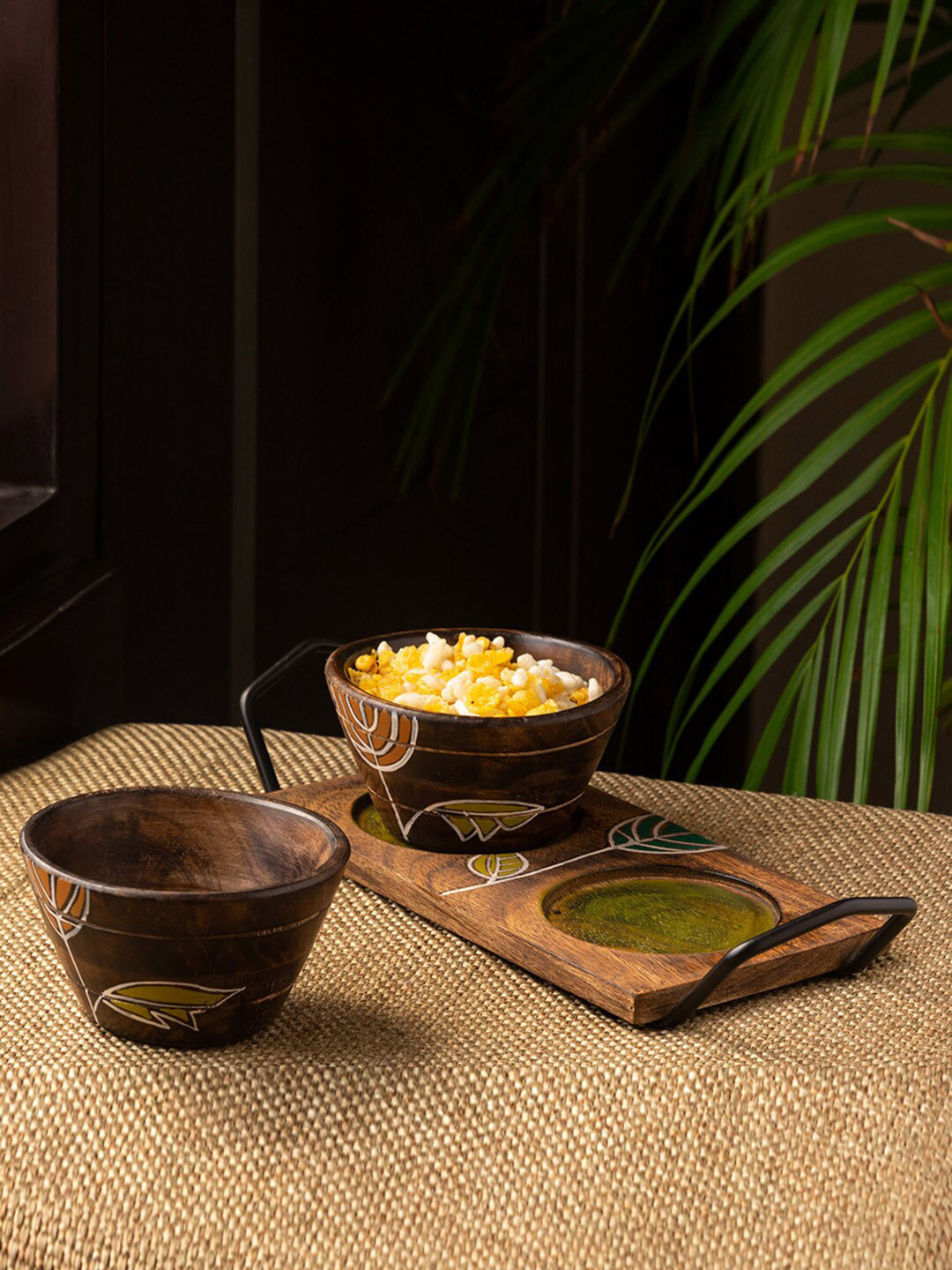 

ExclusiveLane Set Of 2 Matte Wooden Serving Bowls With Tray - 280 ML, Brown
