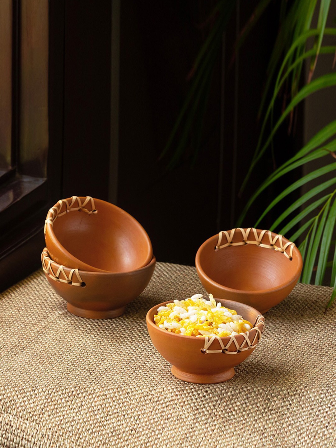 

ExclusiveLane Set of 4 Cane Heirloom Handcrafted Terracotta Matte Serving Bowls -270 ml, Brown