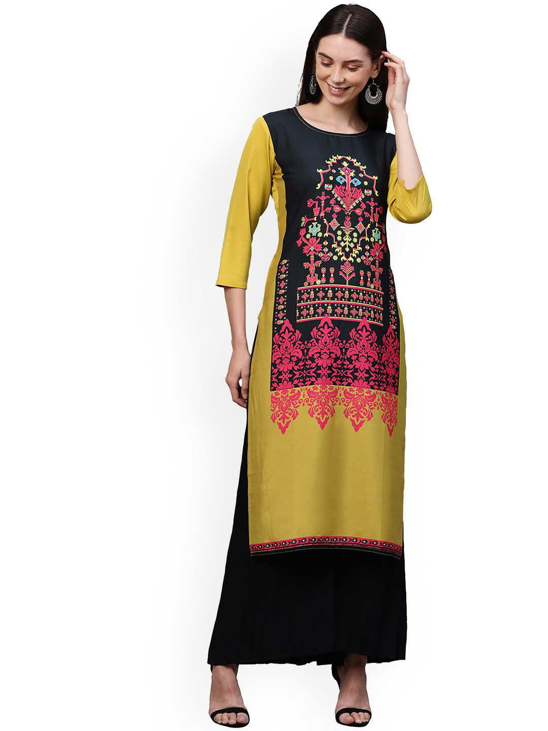 

KALINI Women Yellow & Black Ethnic Motifs Printed Straight Kurta