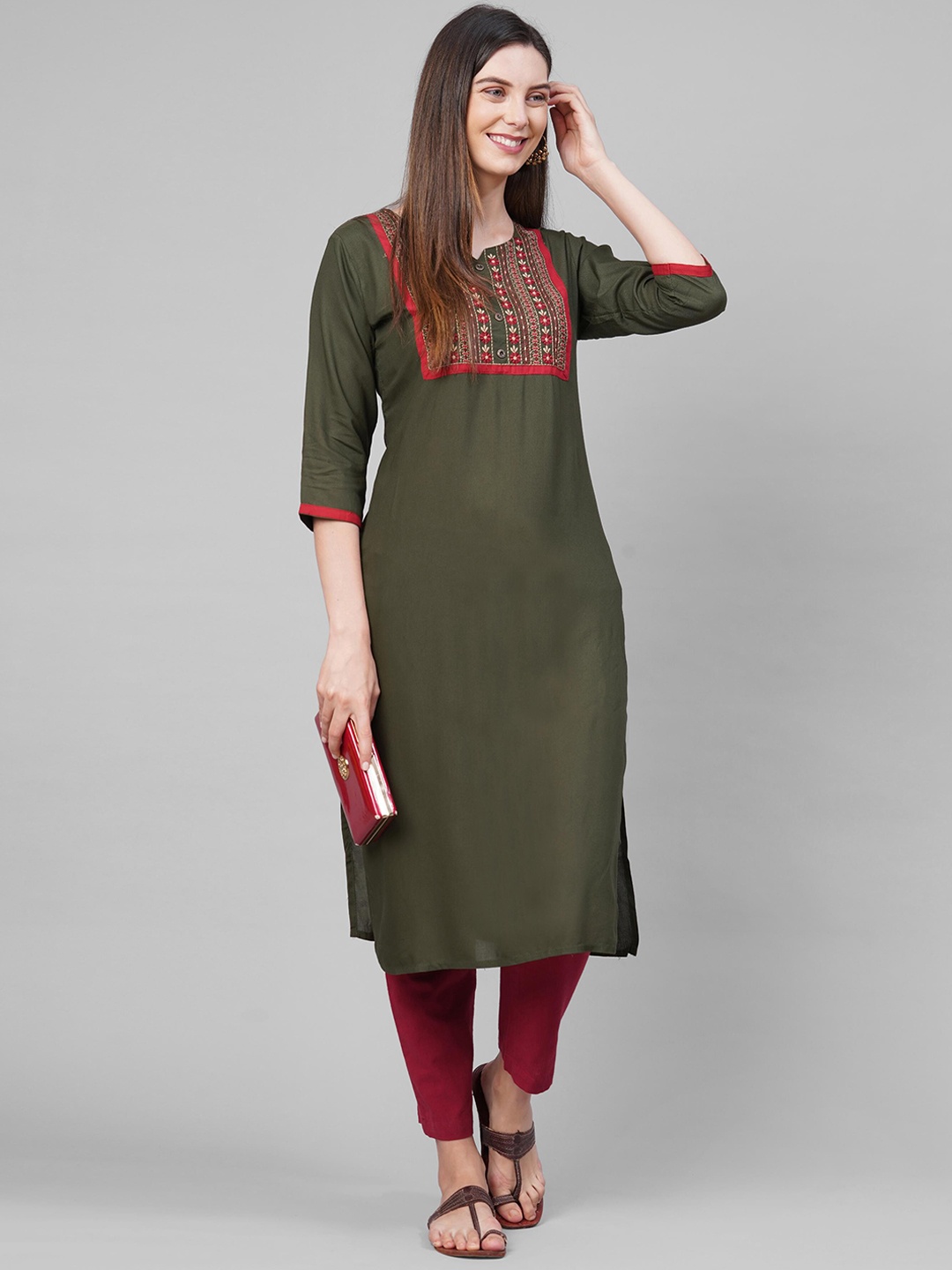 

KALINI Women Green & Red Yoke Design Kurta