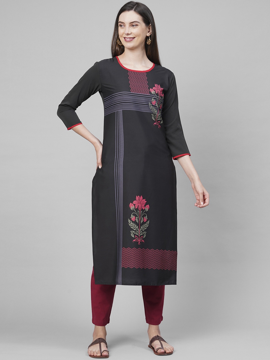 

KALINI Women Black Floral Printed Crepe Kurta