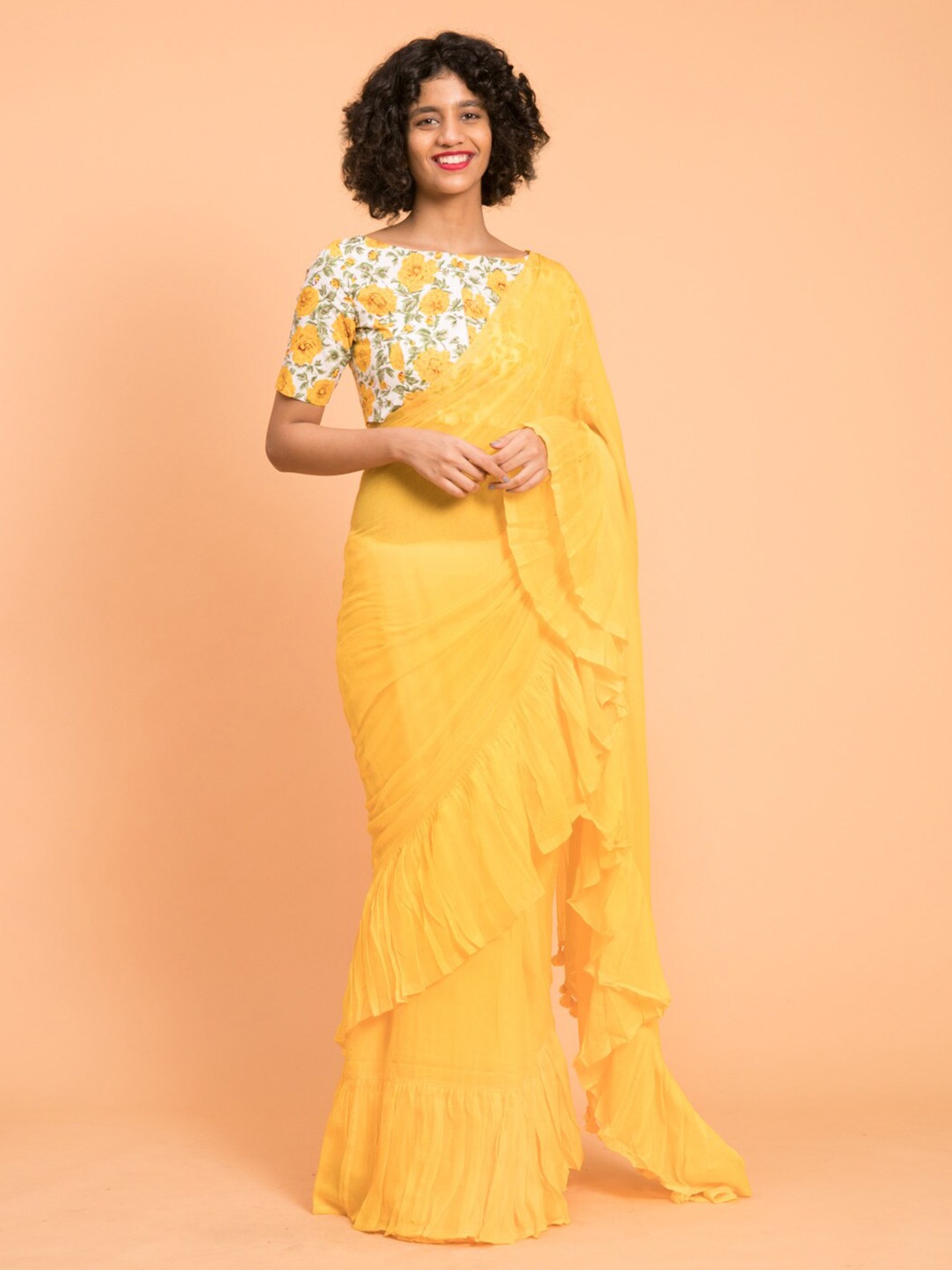 

Suta Yellow Pure Cotton Solid Ruffle Saree