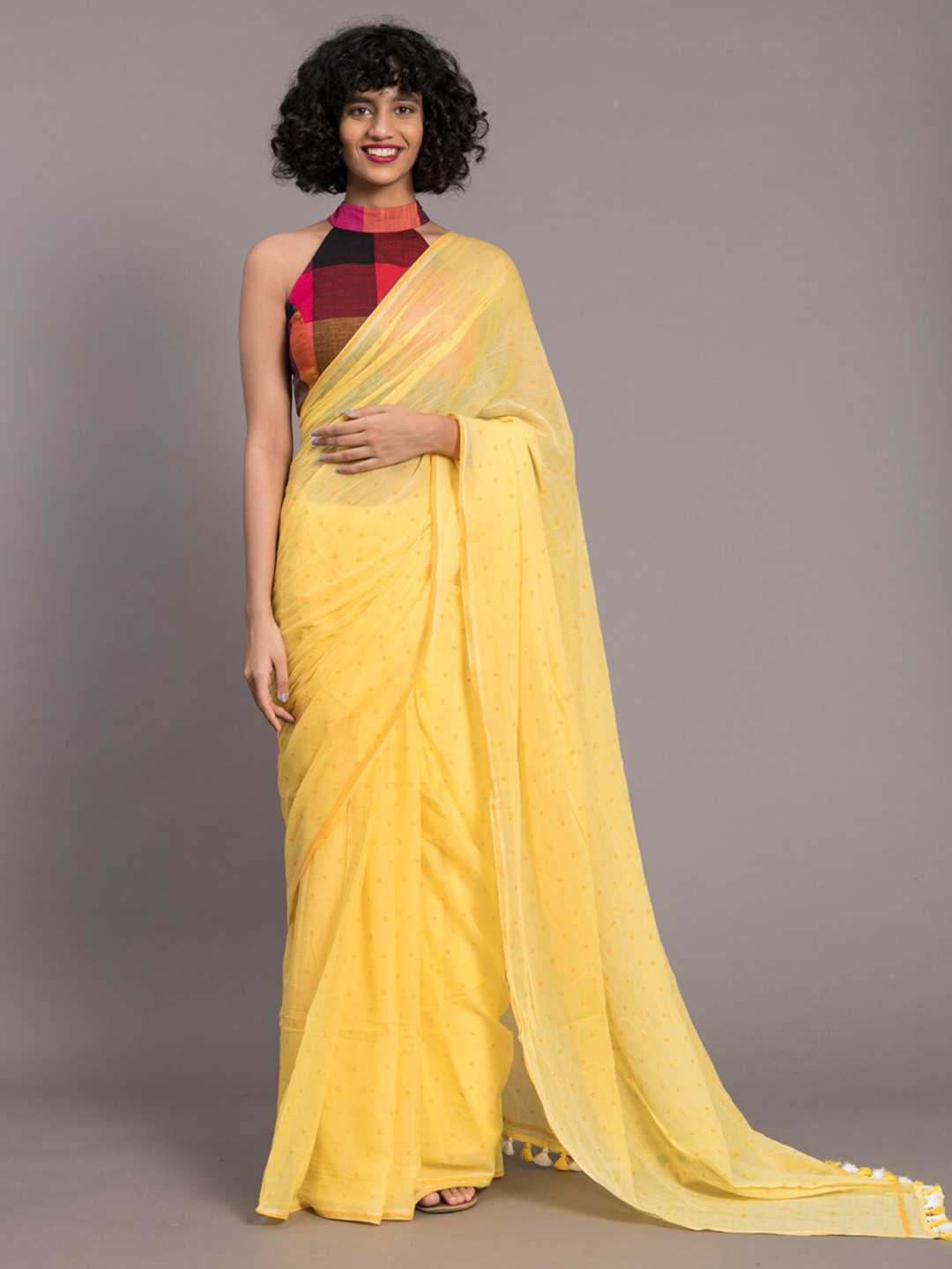 

Suta Yellow & White Polka Dots Printed Pure Cotton Saree