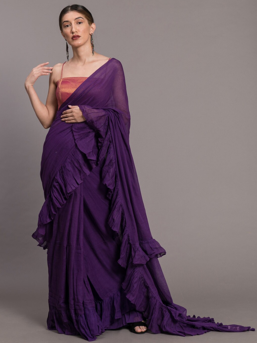 

Suta Violet Pure Cotton Solid Ruffle Saree