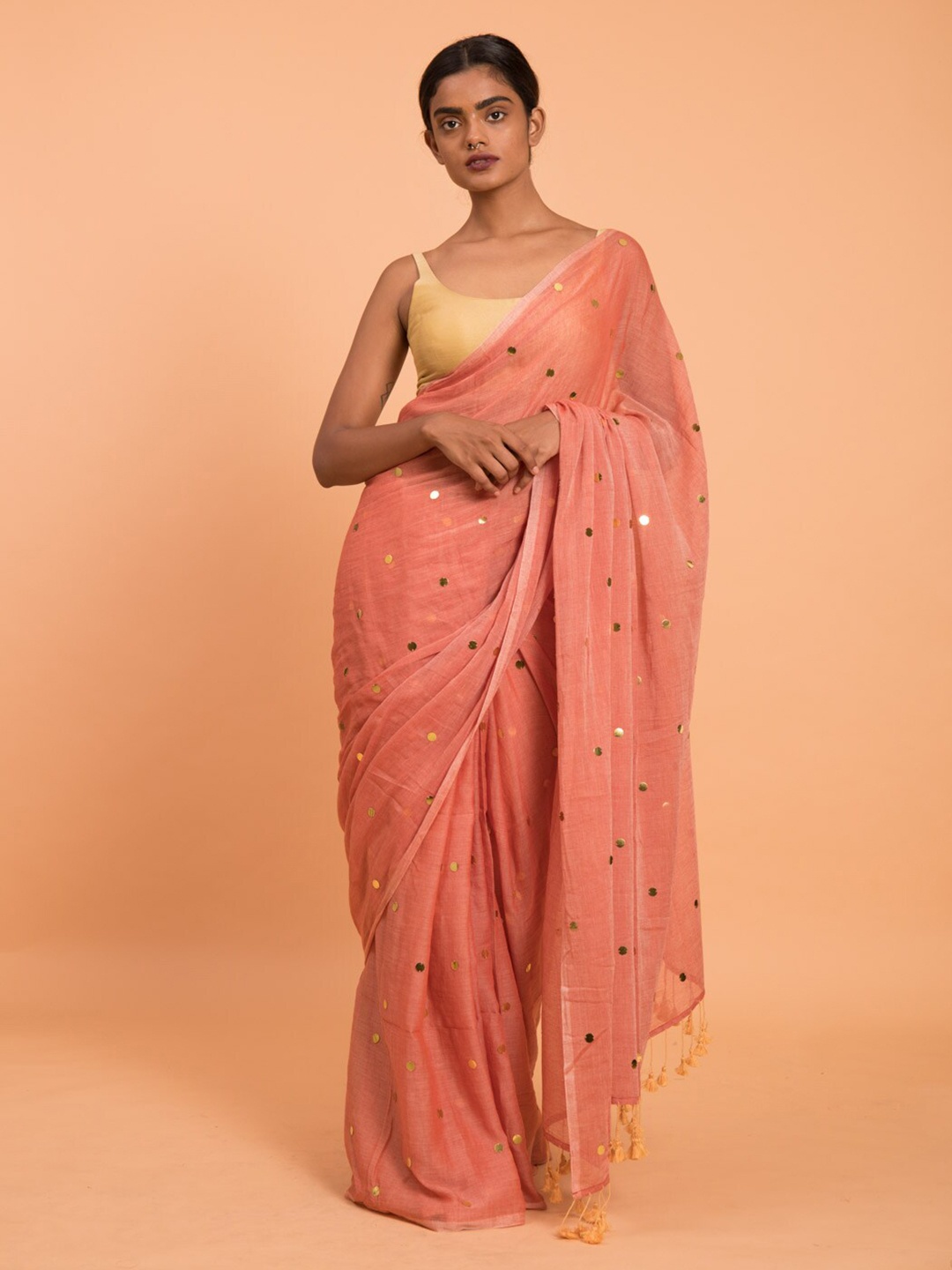 

Suta Orange Embellished Sequinned Pure Cotton Saree