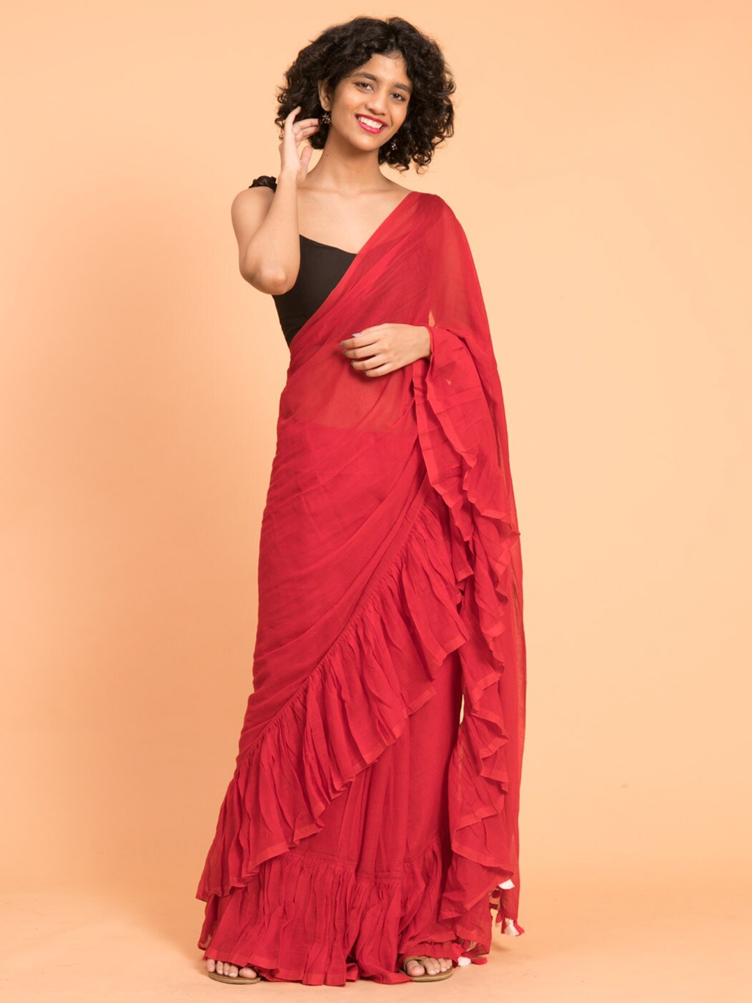 

Suta Red Pure Cotton Solid Ruffle Saree