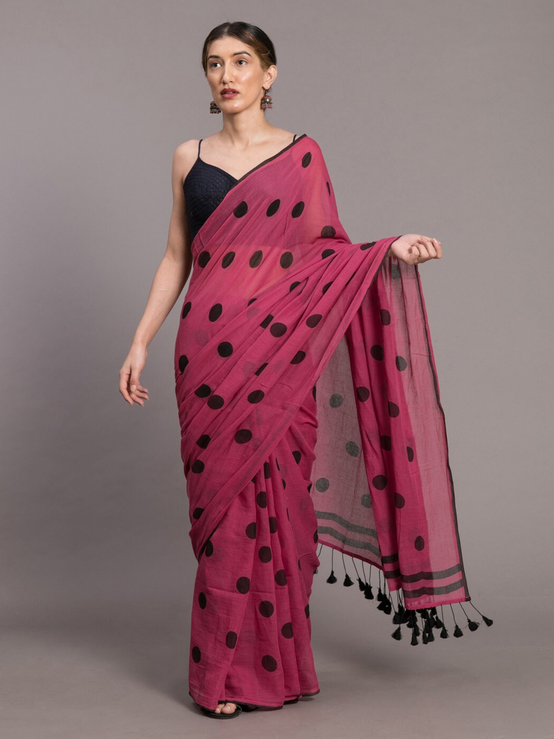 

Suta Pink & Black Polka Printed Pure Cotton Saree