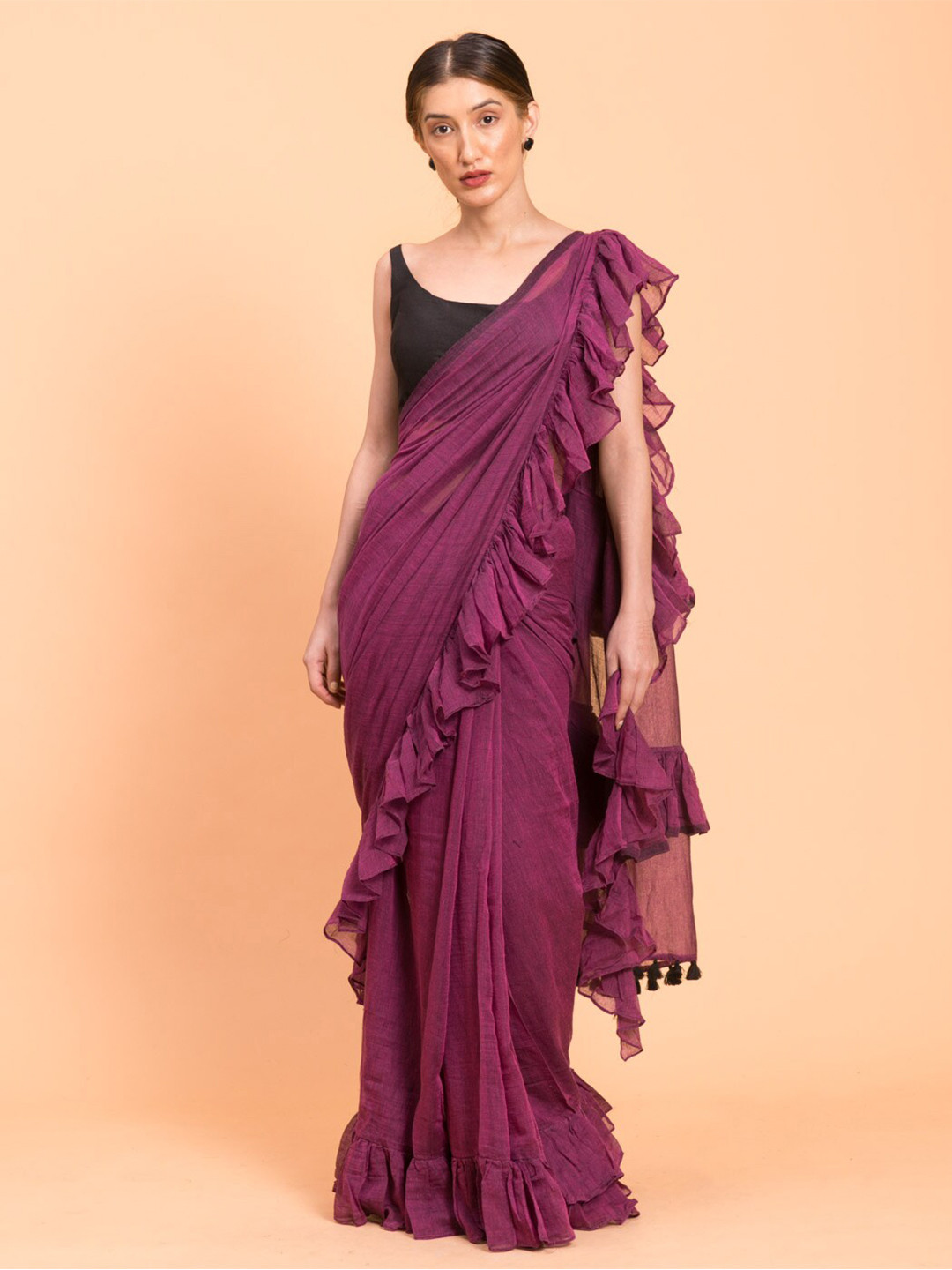 

Suta Purple Solid Pure Cotton Ruffle Saree
