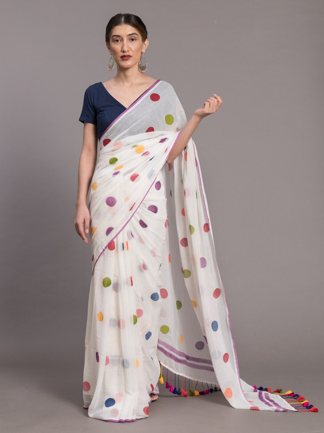 

Suta White & Yellow Polka Dots Printed Pure Cotton Saree