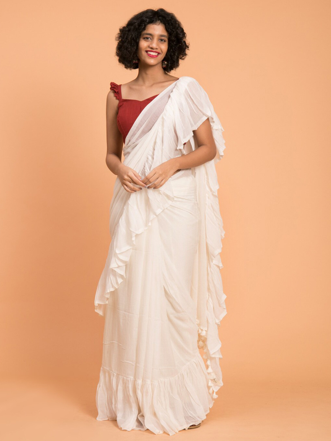 

Suta White Pure Cotton Solid Ruffle Saree