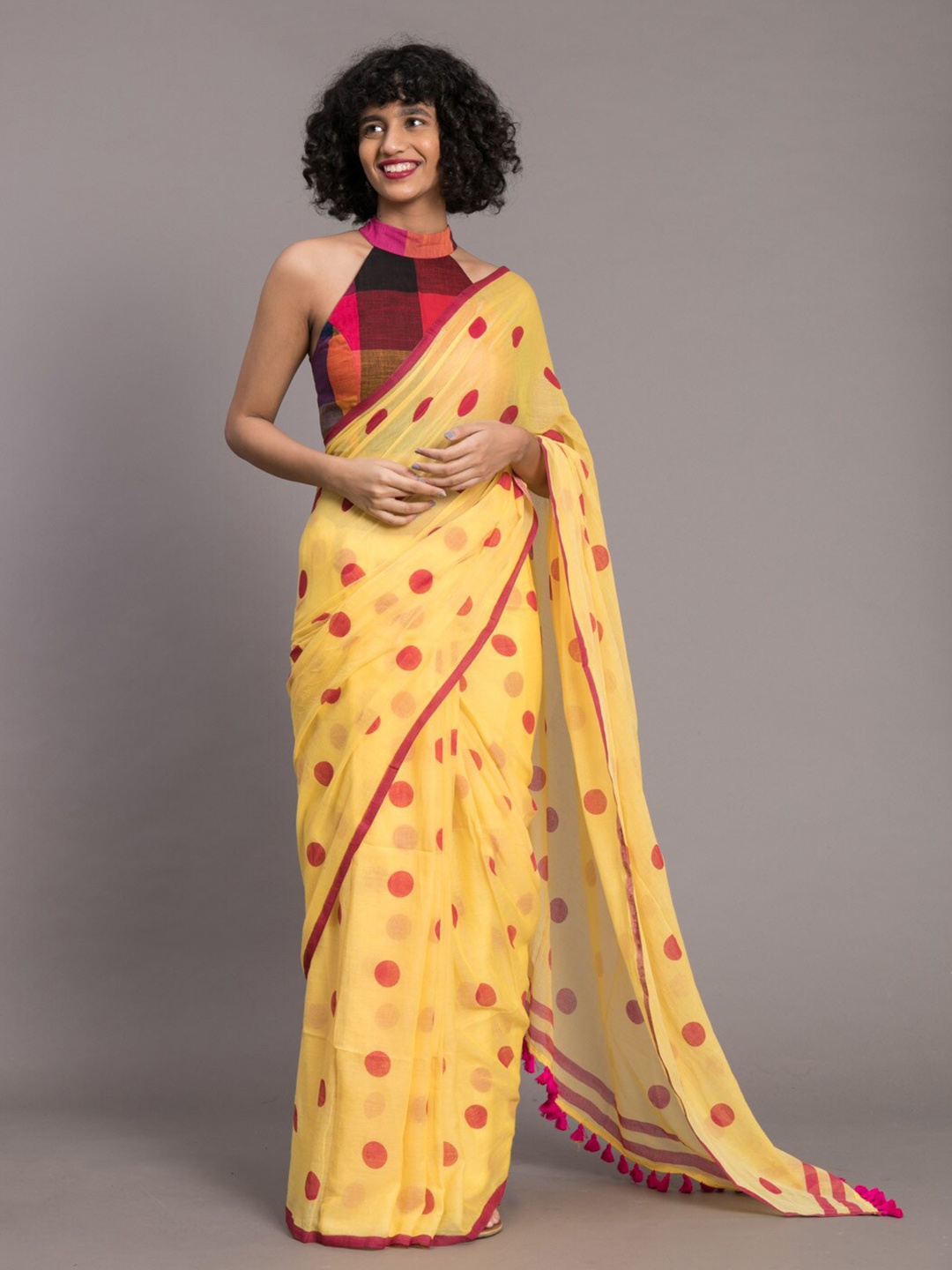 

Suta Yellow & Pink Polka Printed Pure Cotton Saree