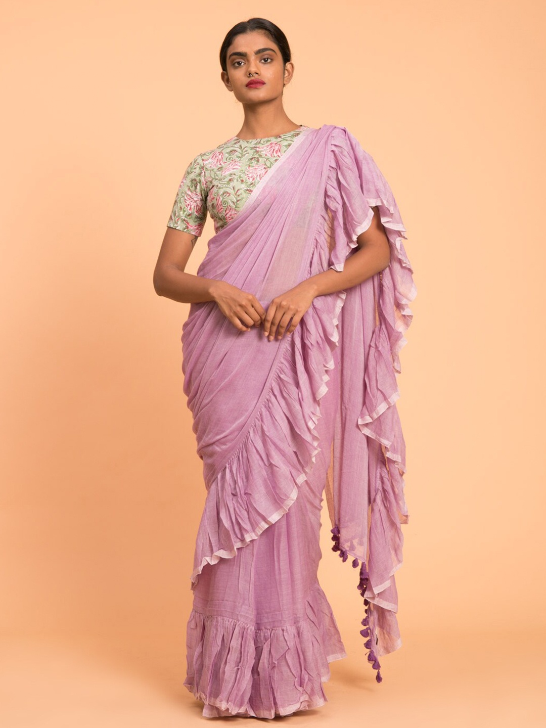 

Suta Lavender Solid Pure Cotton Ruffle Saree