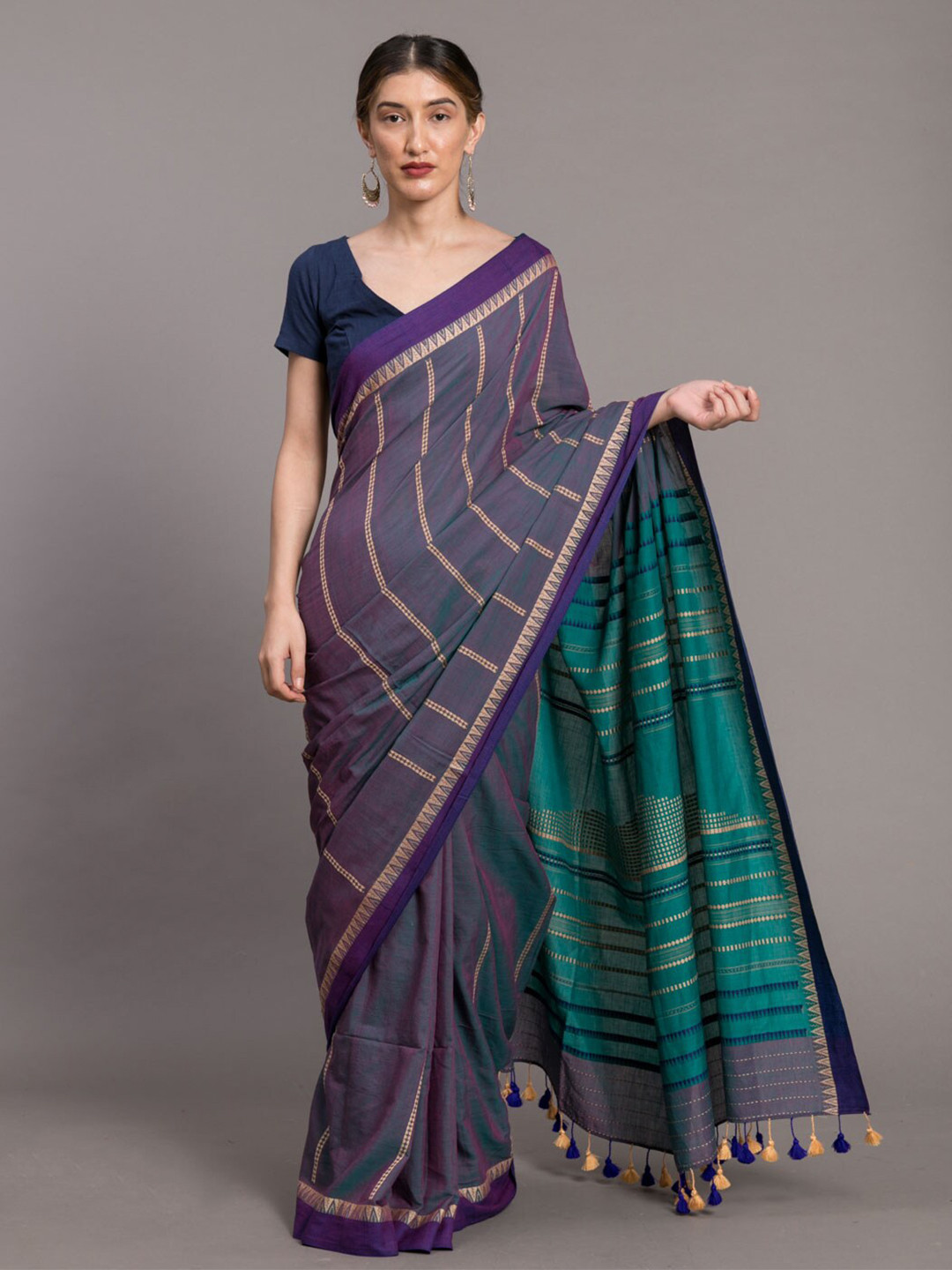 

Suta Blue & Beige Striped Pure Cotton Saree