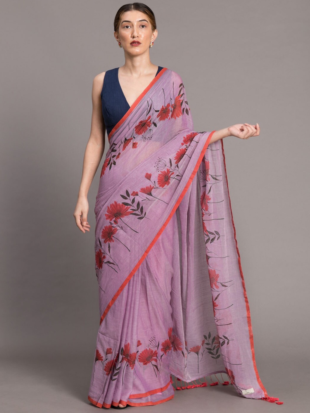 

Suta Lavender & Red Floral Printed Pure Cotton Saree, Violet