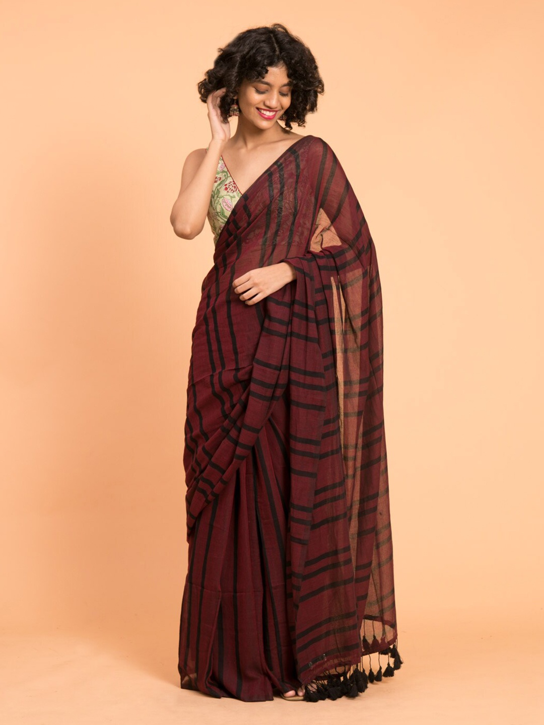 

Suta Women Maroon & Black Striped Pure Cotton Saree