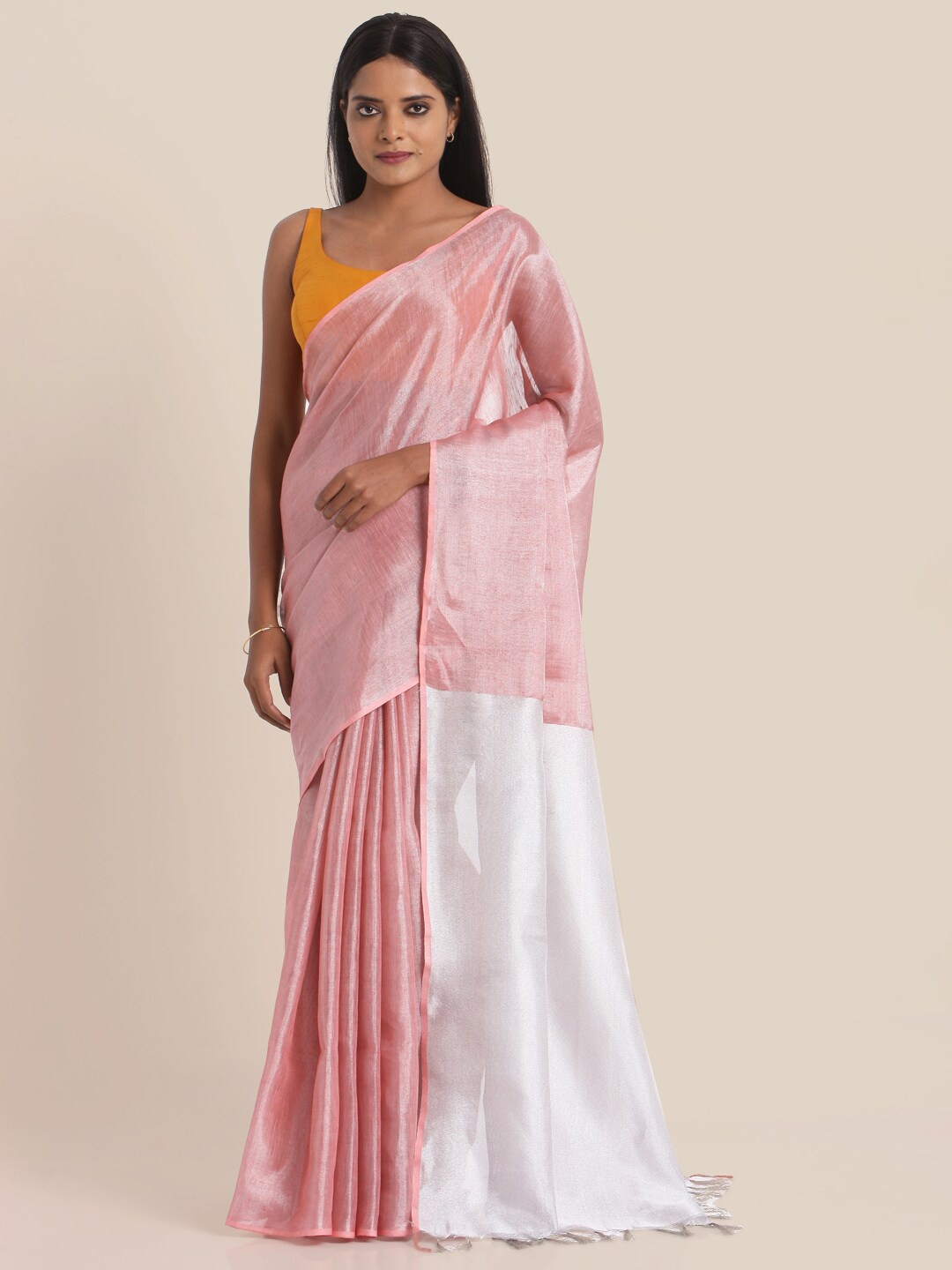 

Suta Pink & White Colourblocked Zari Pure Linen Saree