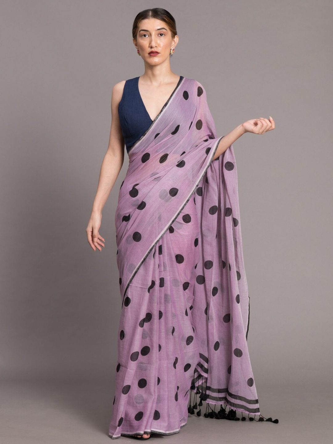 

Suta Lavender & Black Polka Printed Pure Cotton Saree, Purple