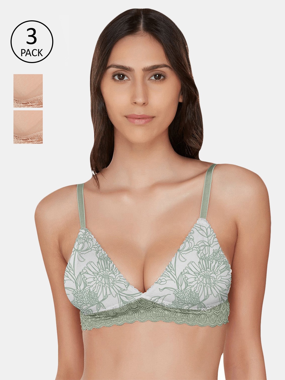 

Inner Sense Pack of 3 Organic Cotton Antimicrobial Bralette ISB095-Skin_Skin_GreenPrint, Multi