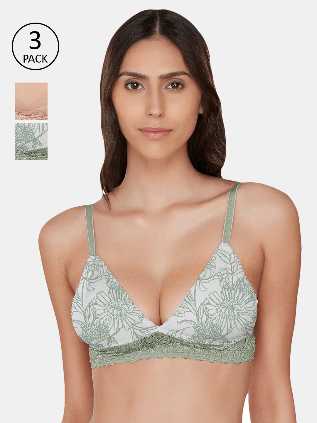 

Inner Sense Pack Of 3 Green & Nude Lace Anti Odour Organic Bralettes - Non-Wired