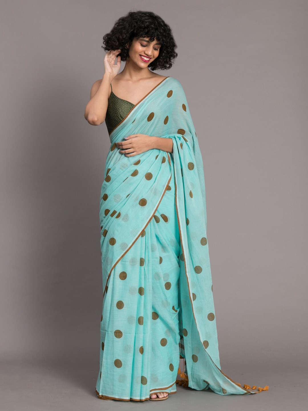 

Suta Blue & Brown Polka Printed Pure Cotton Saree, Turquoise blue