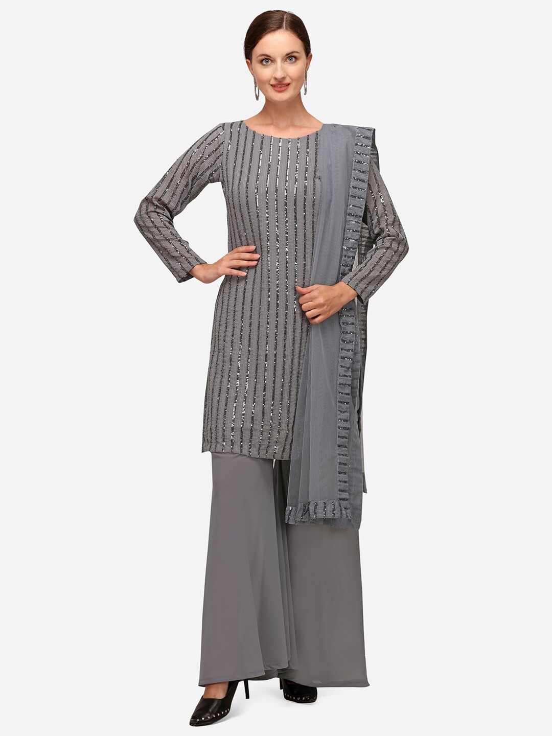 

JATRIQQ Grey Embroidered Semi-Stitched Dress Material