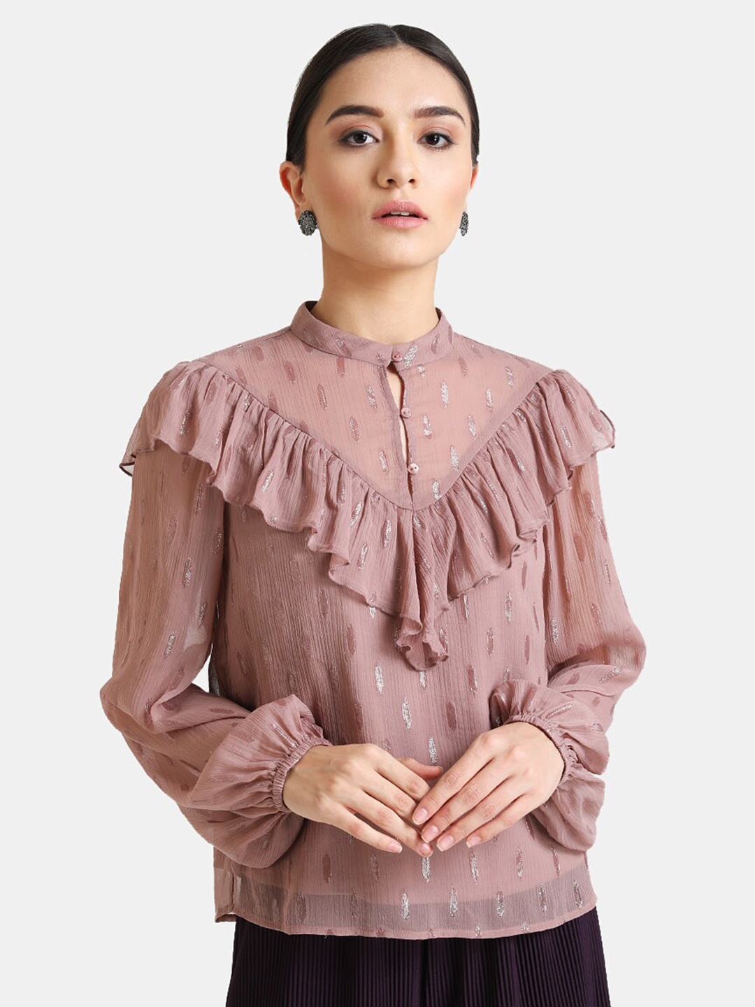 

Kazo Purple Mandarin Collar Regular Top