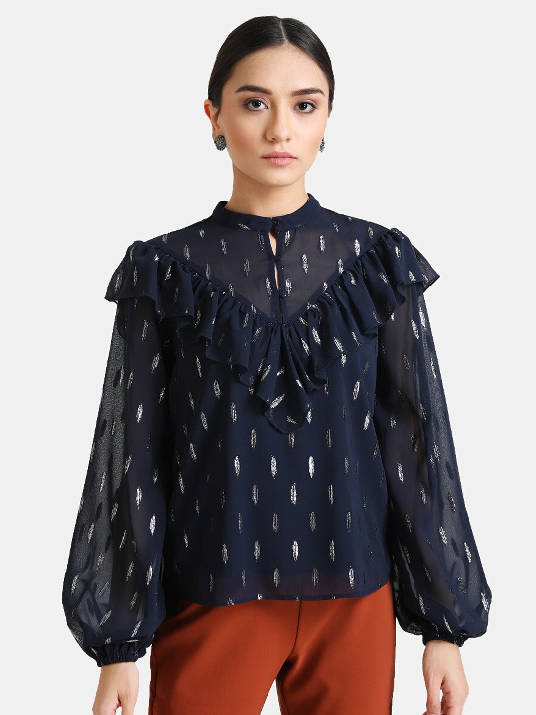 

Kazo Navy Blue Mandarin Collar Bishop Sleeves Regular Top