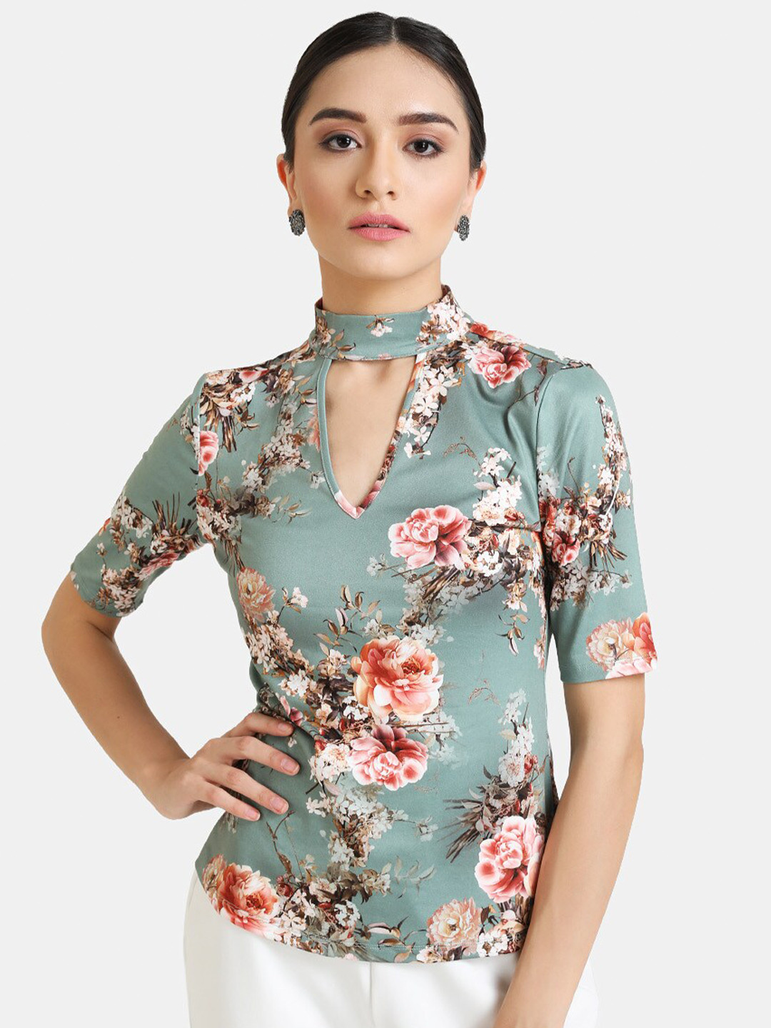 

Kazo Green Floral Choker Neck Regular Top