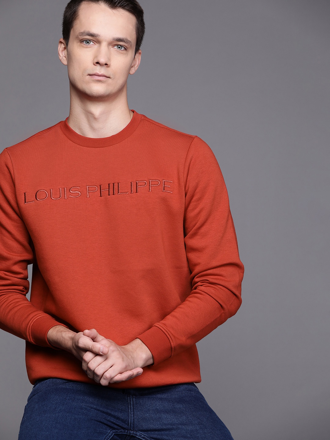 

Louis Philippe Men Rust Red Brand Logo Embroidered Sweatshirt