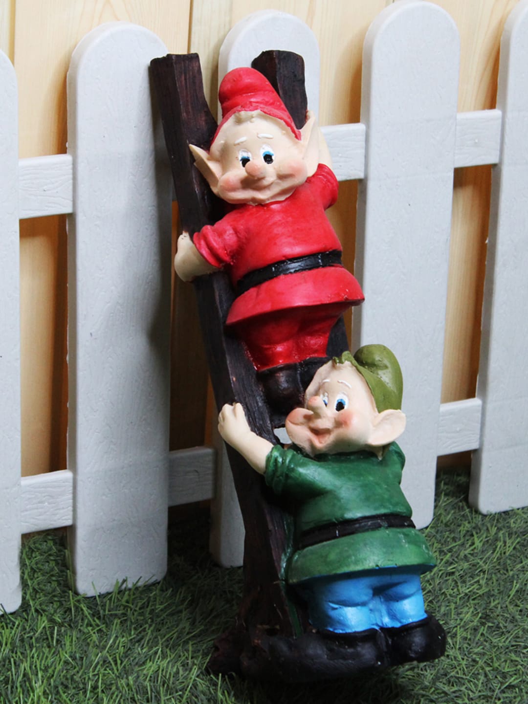 

Wonderland Red & Green Resin Gnome & Dwarf Climbing Stairs Statue Garden Accessories