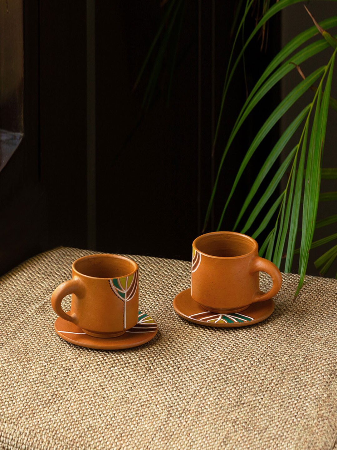 

ExclusiveLane Set Of 2 Brown Hand Painted Terracotta Matte Cups and Saucers