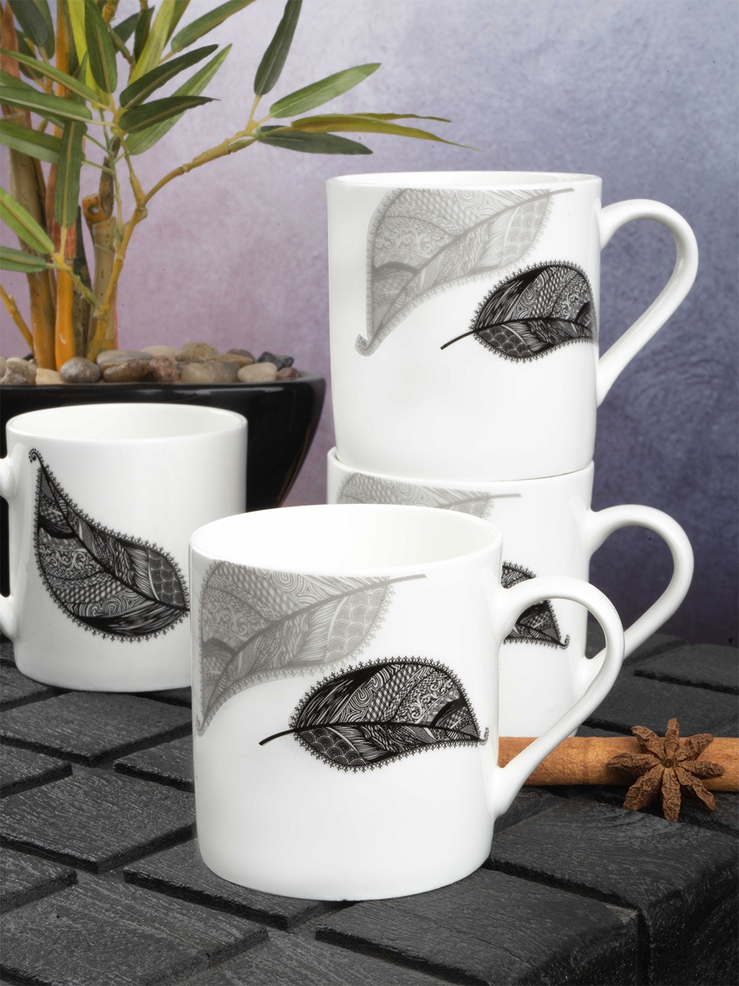 

SONAKI White & Grey 6 Pieces Floral Printed Bone China Glossy Mugs