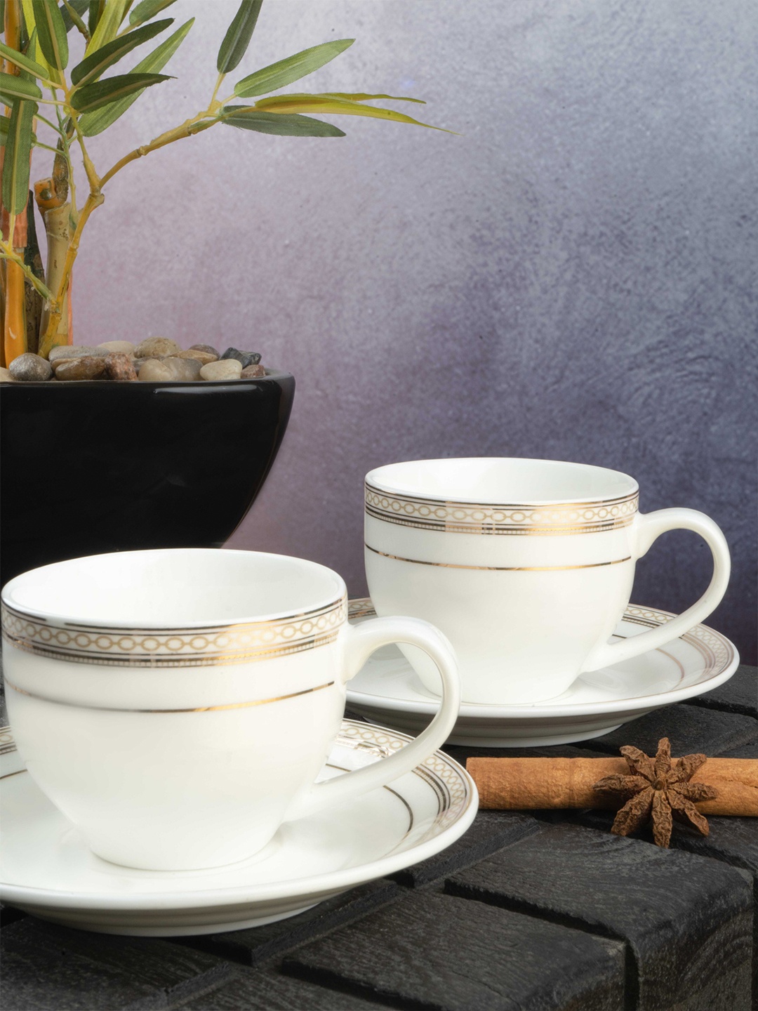 

White Gold Set of 6 pcs White & Gold Printed Porcelain Glossy Cups and Saucers
