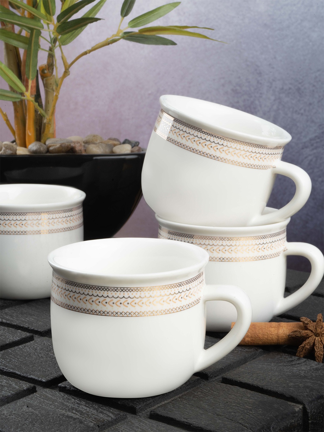 

White Gold White & Grey Printed Porcelain Glossy Mugs Set of 6 Cups