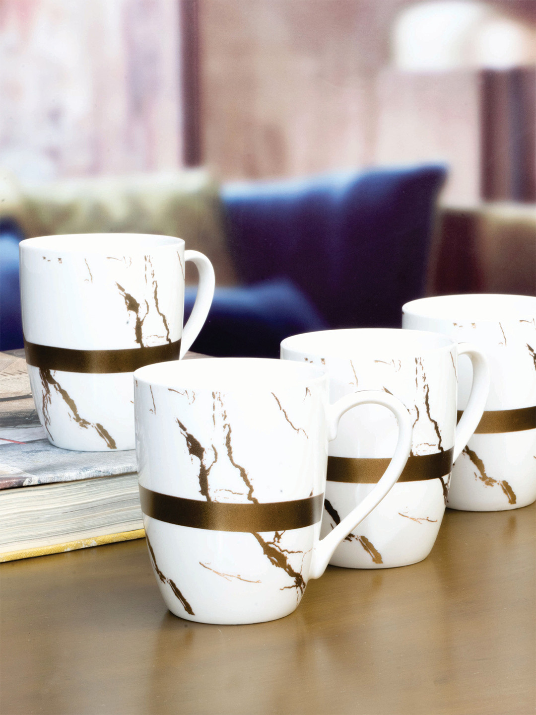 

White Gold Set of 6 White & Copper-Toned Printed Porcelain Glossy Coffee Mug