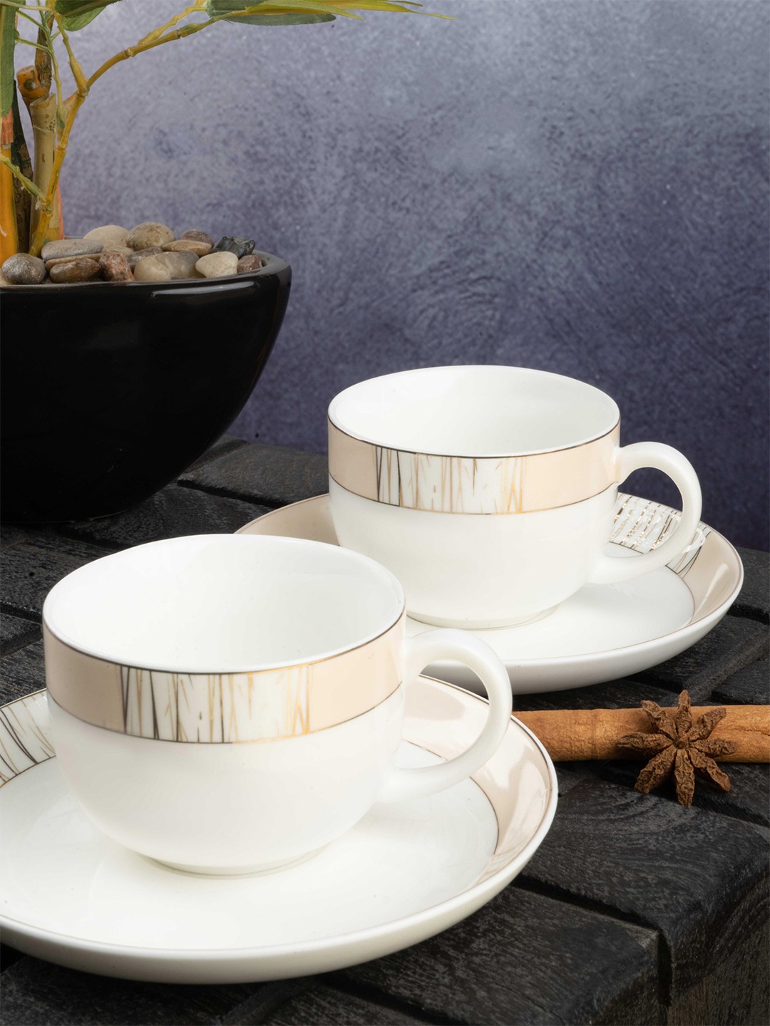 

White Gold Set of 6 White & Beige Printed Porcelain Glossy Cups and Saucers