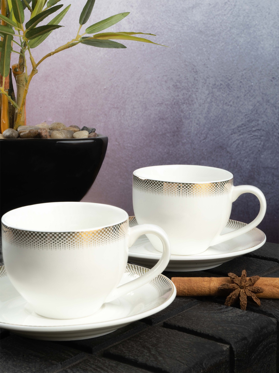 

White Gold White & Gold-Toned 12 Pieces Gold Printed Porcelain Glossy Cups and Saucers