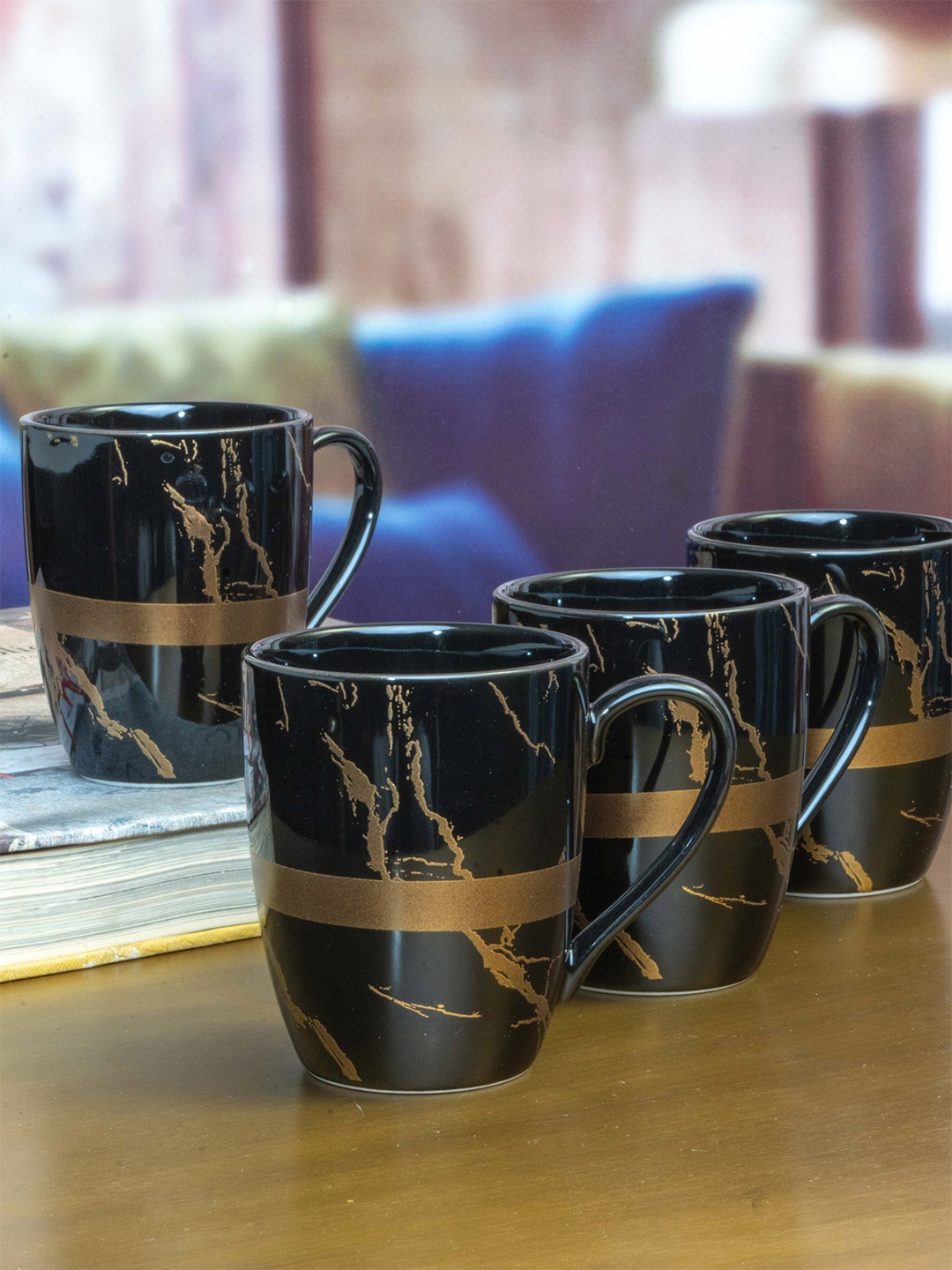 

White Gold Set of 6 Black & Gold-Toned Porcelain Glossy Coffee Mugs