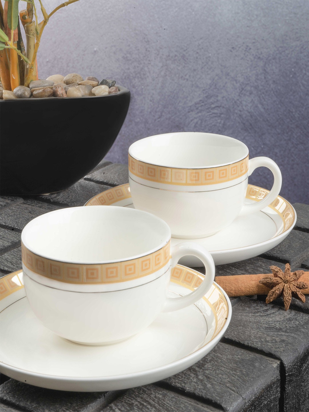 

White Gold Set Of 12 White & Gold-Toned Printed Porcelain Glossy Cups With Saucers