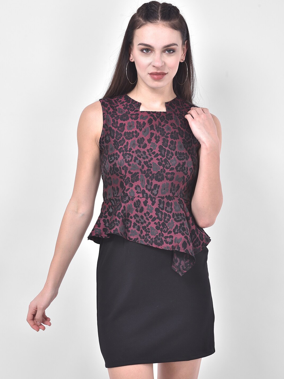 

Latin Quarters Women Maroon & Black Printed Peplum Mini Dress