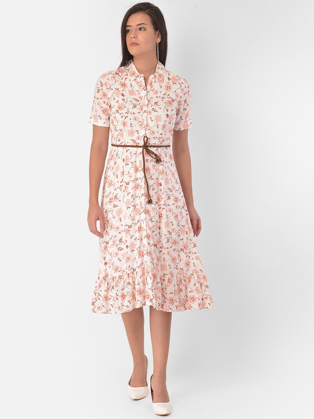 

Latin Quarters Women Cream-Coloured & Pink Floral Belted Shirt Midi Dress