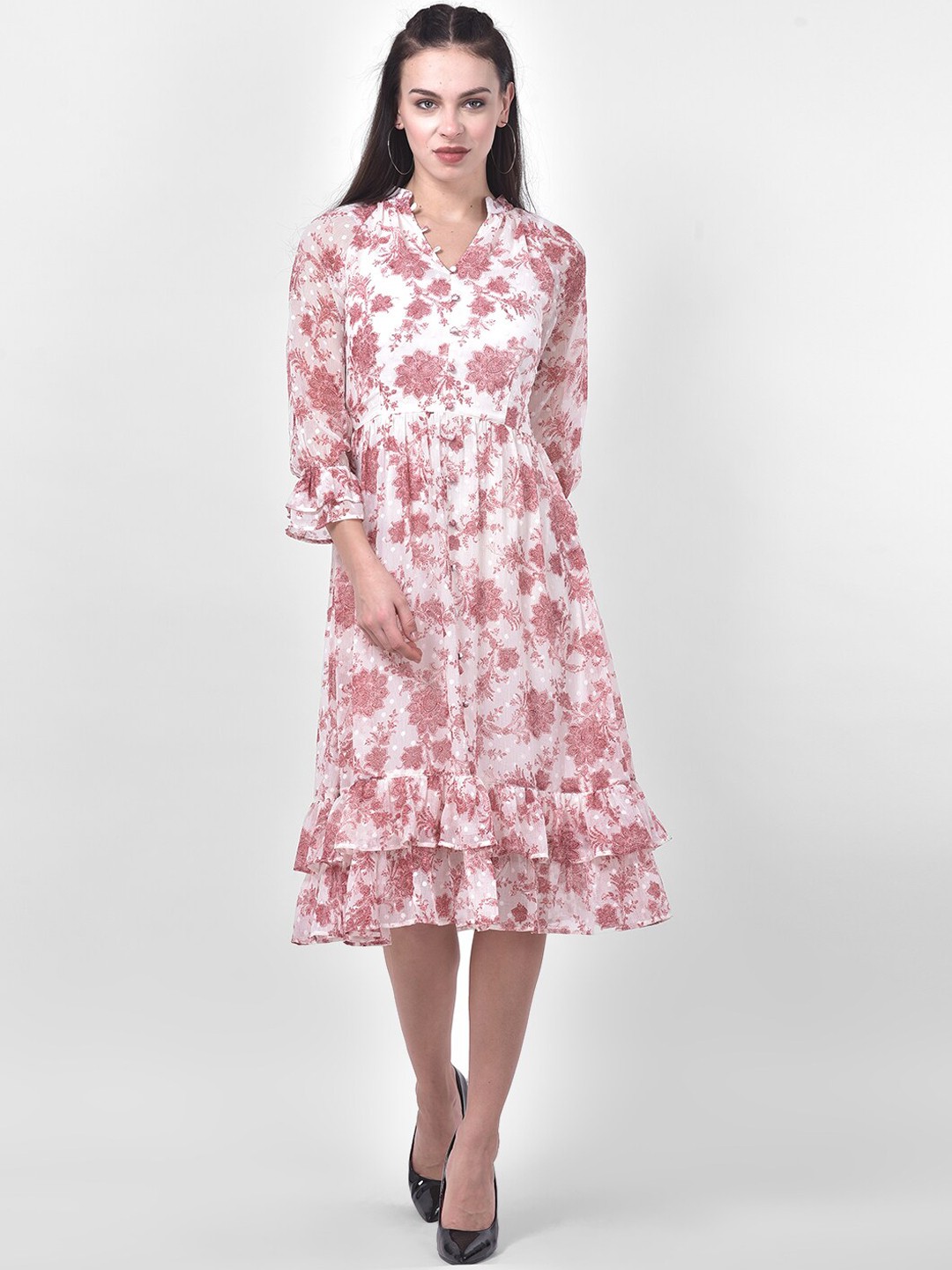 

Latin Quarters Women White& Pink Floral Midi Dress